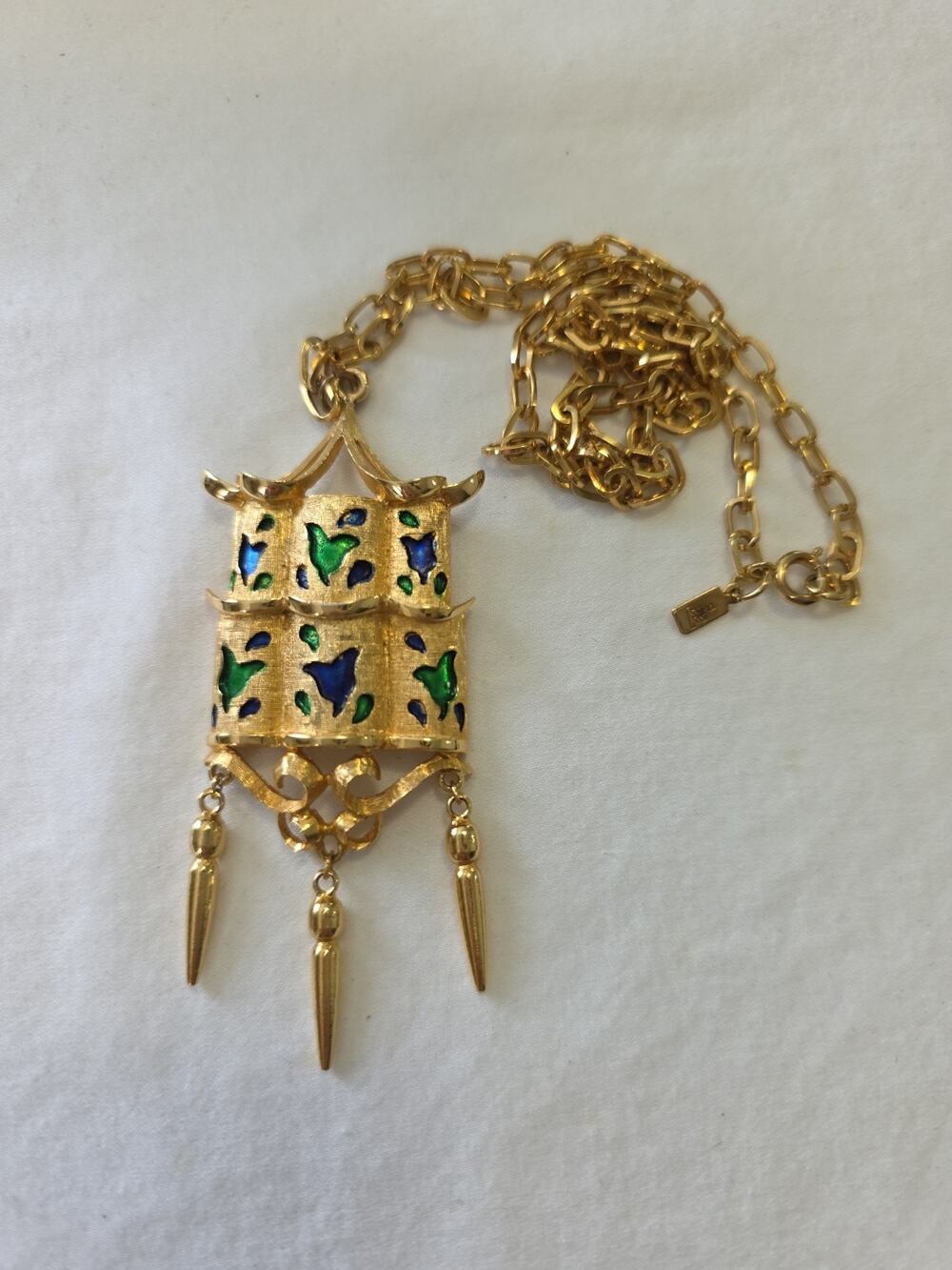 Adora Signed L'Orient Pagoda Lantern Pendant Chain Necklace Green Blue Gold Tone